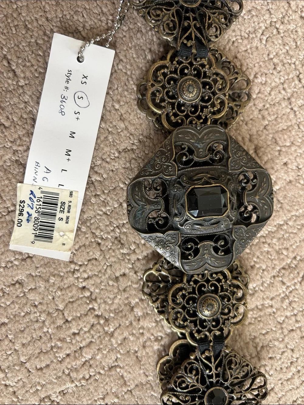 Suzi Roher Black and Antique Gold Filigree Wide Statement Belt
